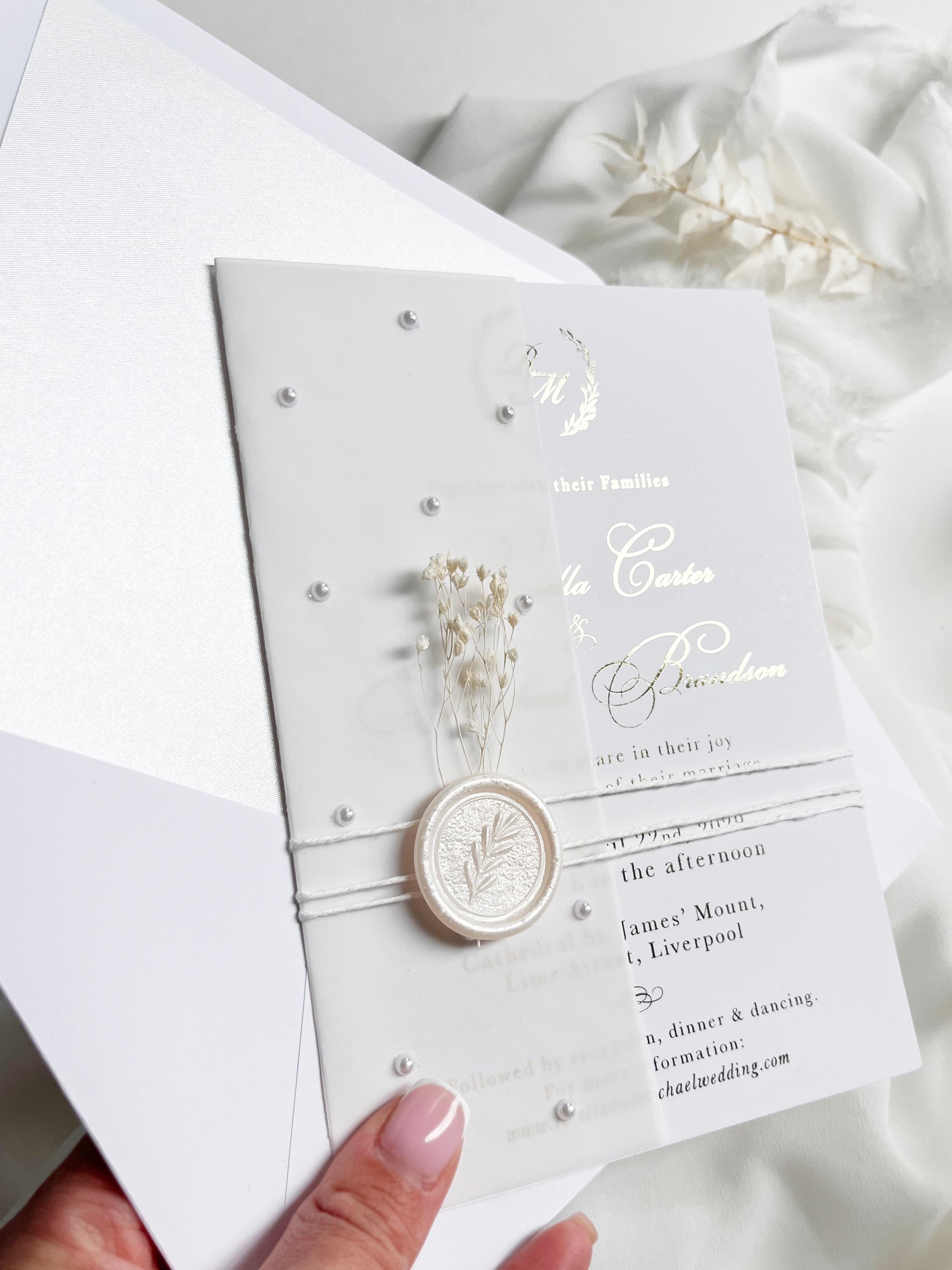 Gold Foil Wedding Invitation Suite with Pearl Embellishments, Wax Seal & Dried Flowers