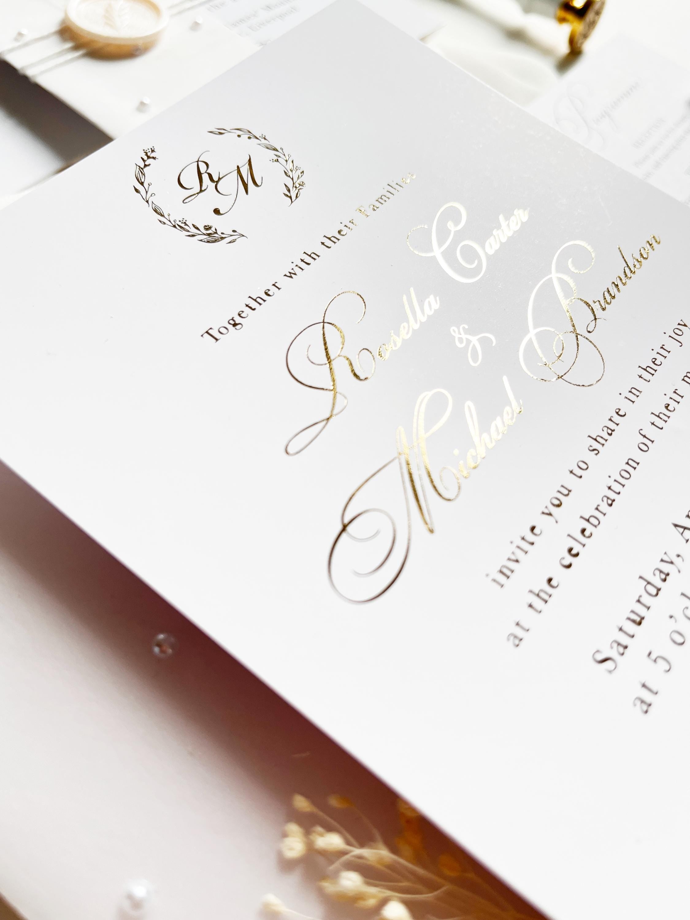 Gold Foil Wedding Invitation Suite with Pearl Embellishments, Wax Seal & Dried Flowers