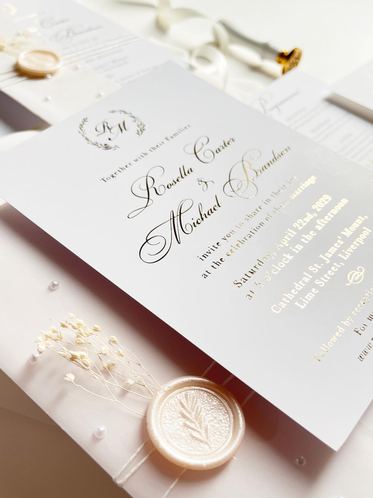 Gold Foil Wedding Invitation Suite with Pearl Embellishments, Wax Seal & Dried Flowers