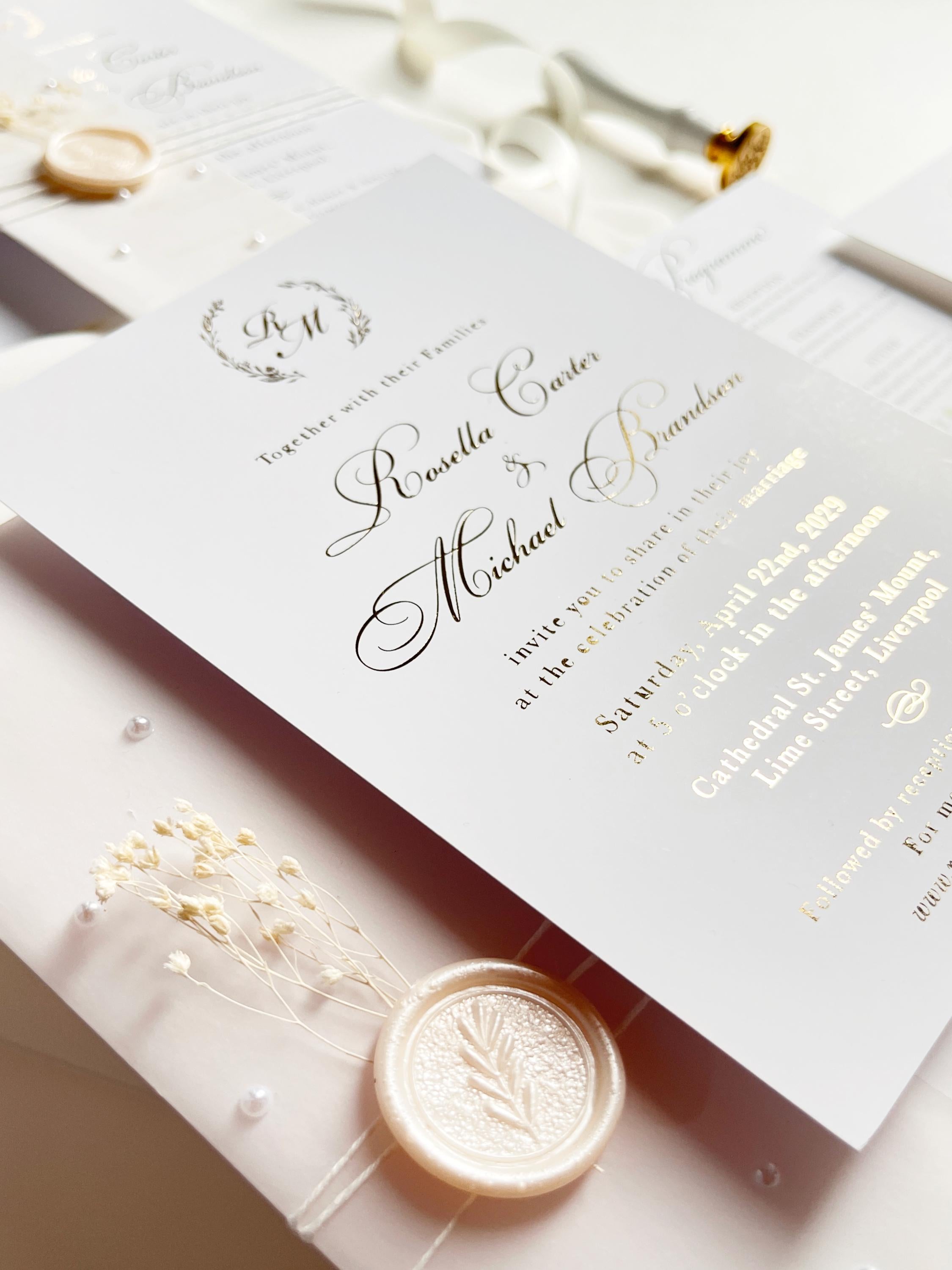 Gold Foil Wedding Invitation Suite with Pearl Embellishments, Wax Seal & Dried Flowers