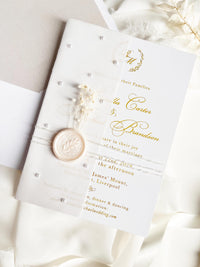 Gold Foil Wedding Invitation Suite with Pearl Embellishments, Wax Seal & Dried Flowers
