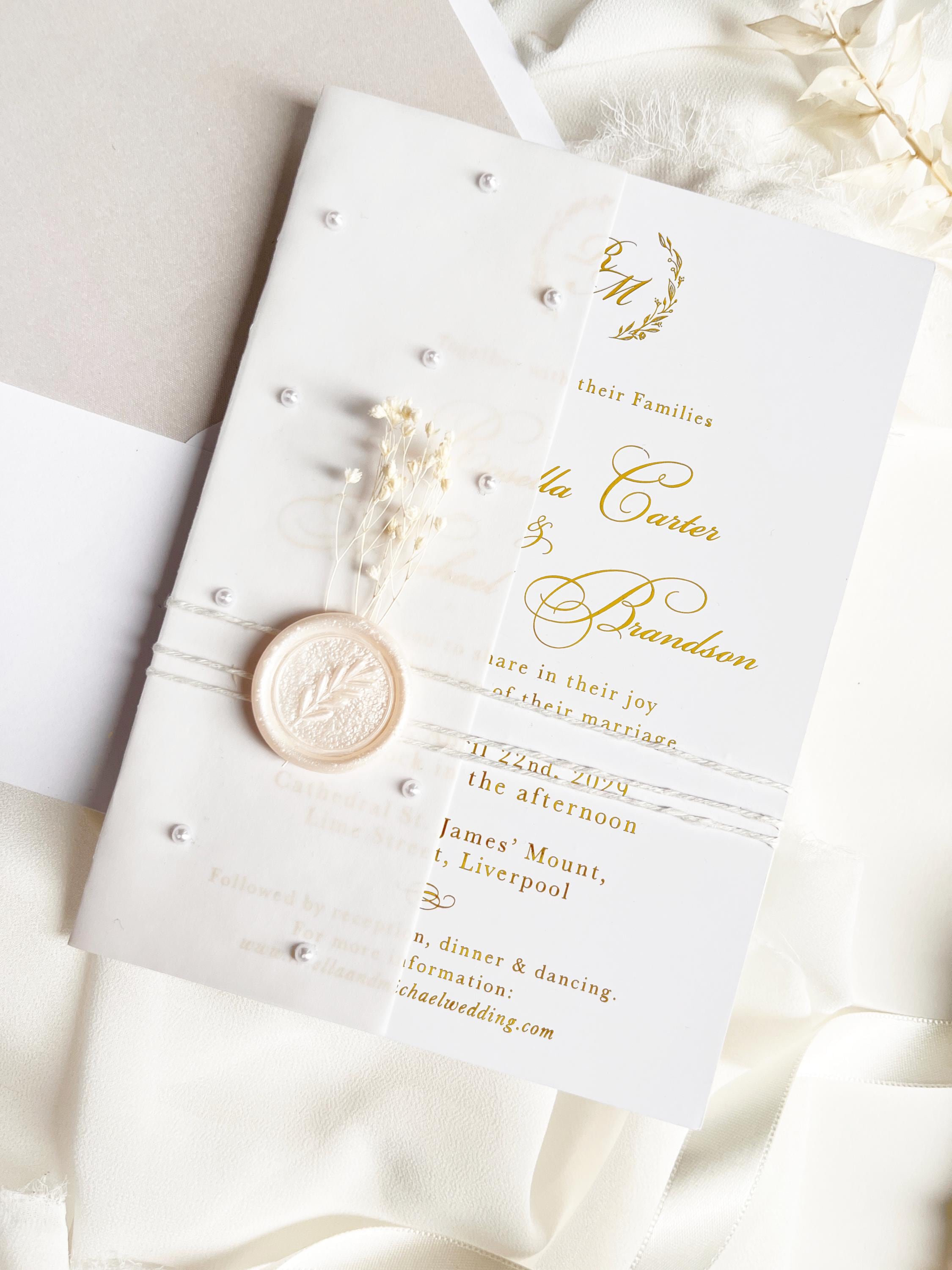 Gold Foil Wedding Invitation Suite with Pearl Embellishments, Wax Seal & Dried Flowers