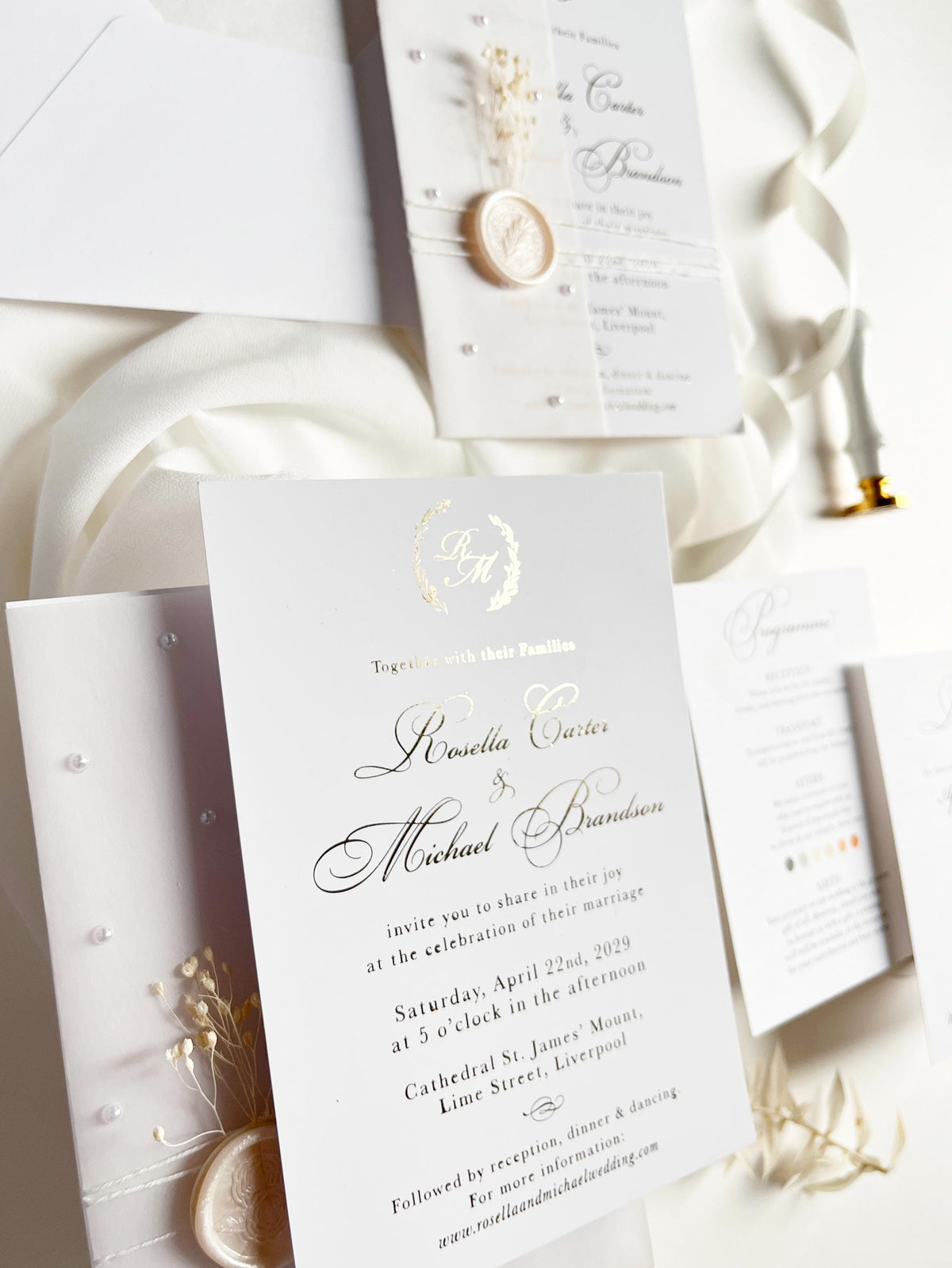 Gold Foil Wedding Invitation Suite with Pearl Embellishments, Wax Seal & Dried Flowers
