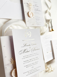 Gold Foil Wedding Invitation Suite with Pearl Embellishments, Wax Seal & Dried Flowers