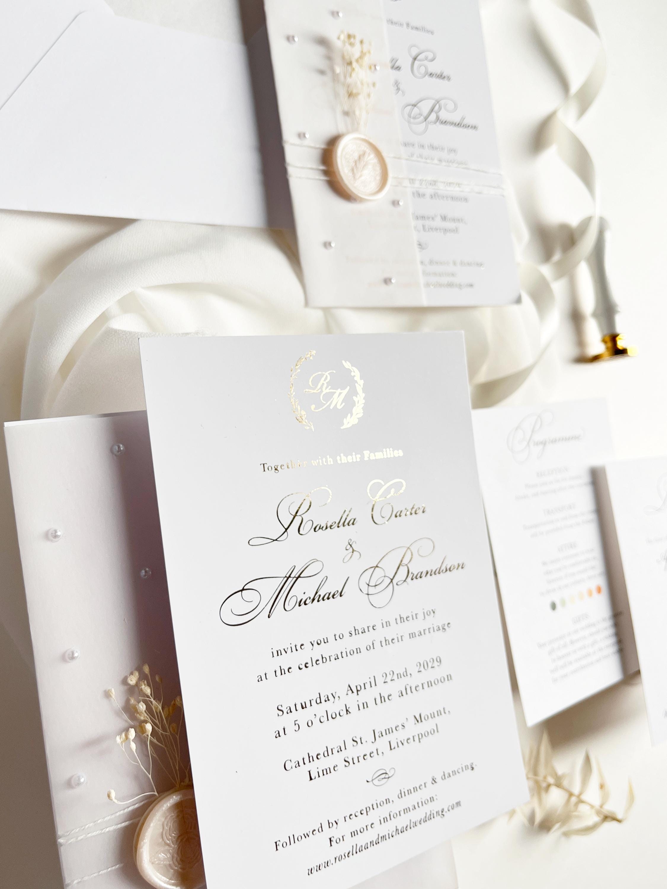 Gold Foil Wedding Invitation Suite with Pearl Embellishments, Wax Seal & Dried Flowers