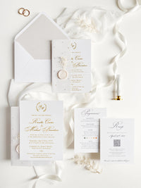 Gold Foil Wedding Invitation Suite with Pearl Embellishments, Wax Seal & Dried Flowers