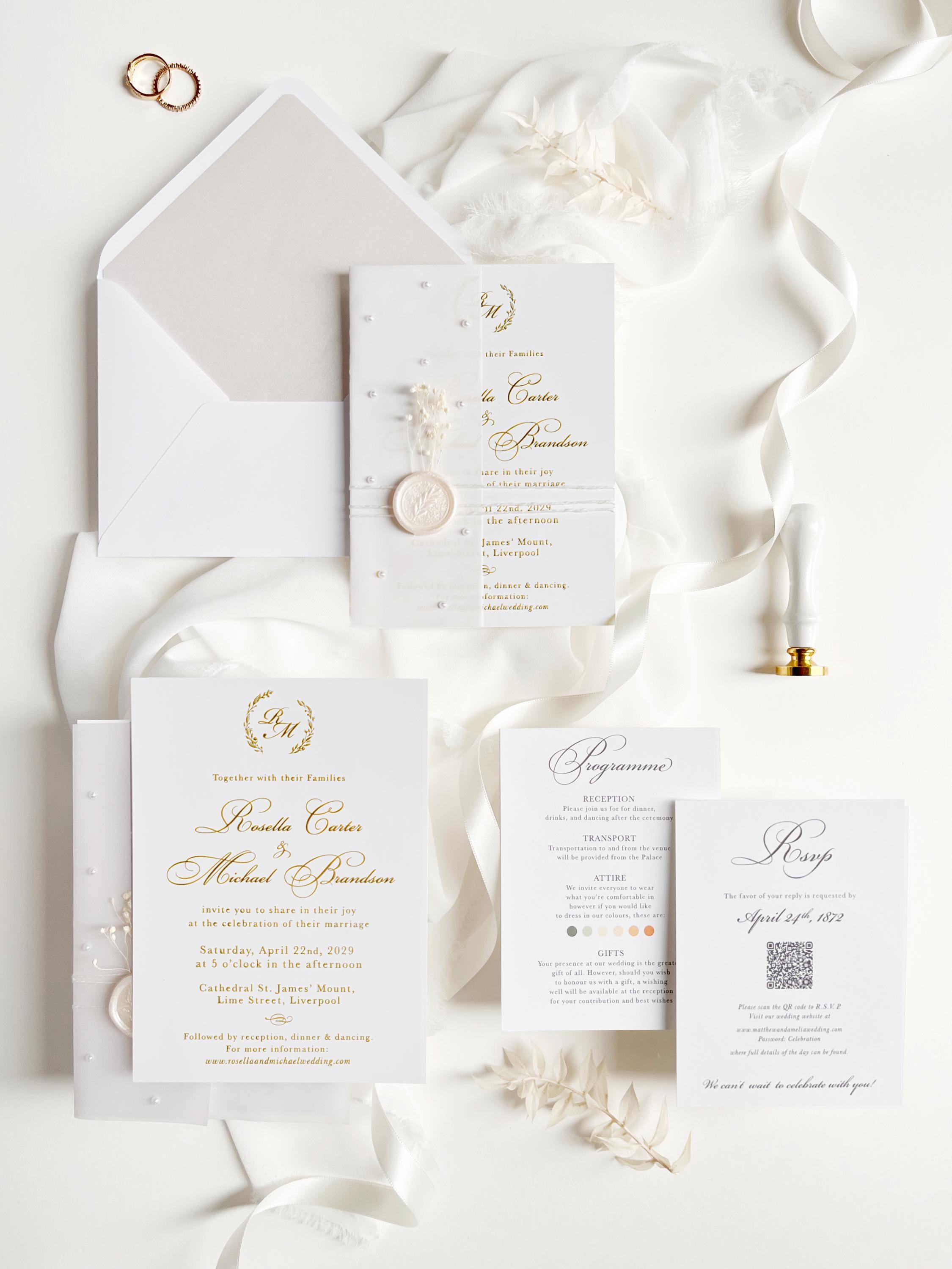 Gold Foil Wedding Invitation Suite with Pearl Embellishments, Wax Seal & Dried Flowers