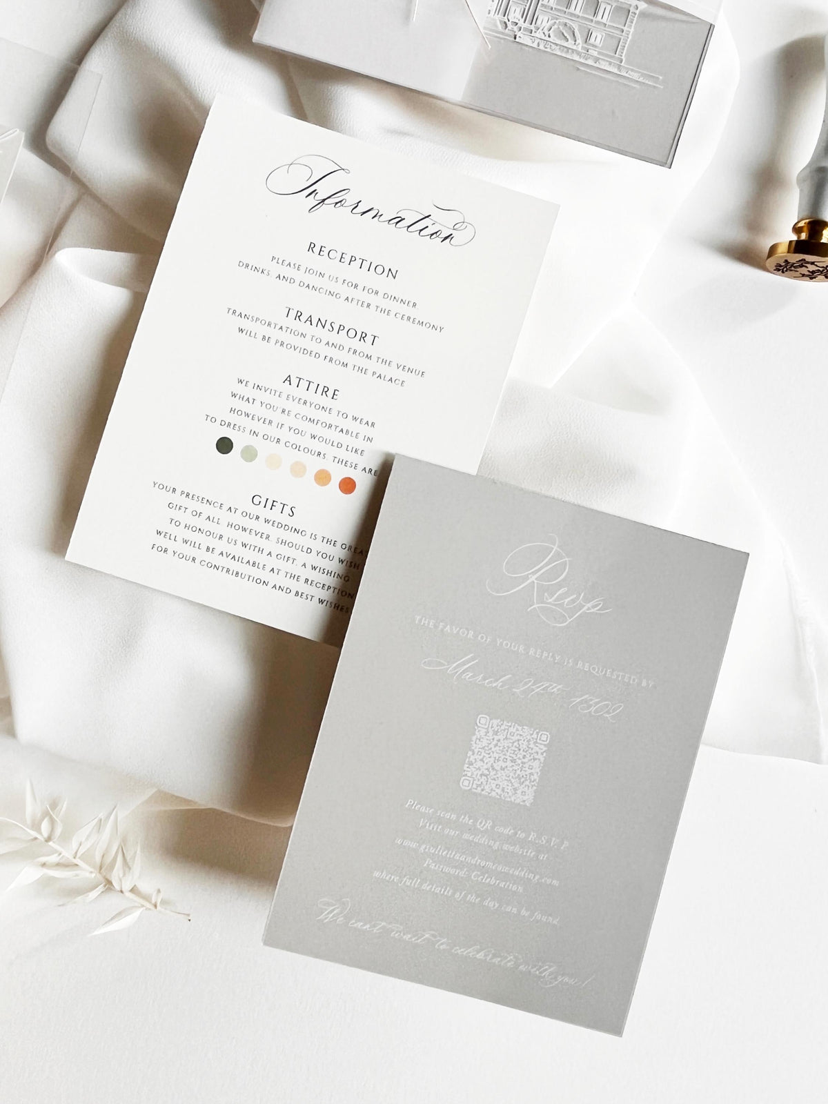 Grey Acrylic Wedding Invitation Suite with Venue Sketch & Dried Flowers Wax Seal | Minimal Modern Clear Invite