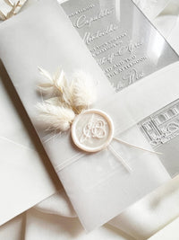 Grey Acrylic Wedding Invitation Suite with Venue Sketch & Dried Flowers Wax Seal | Minimal Modern Clear Invite