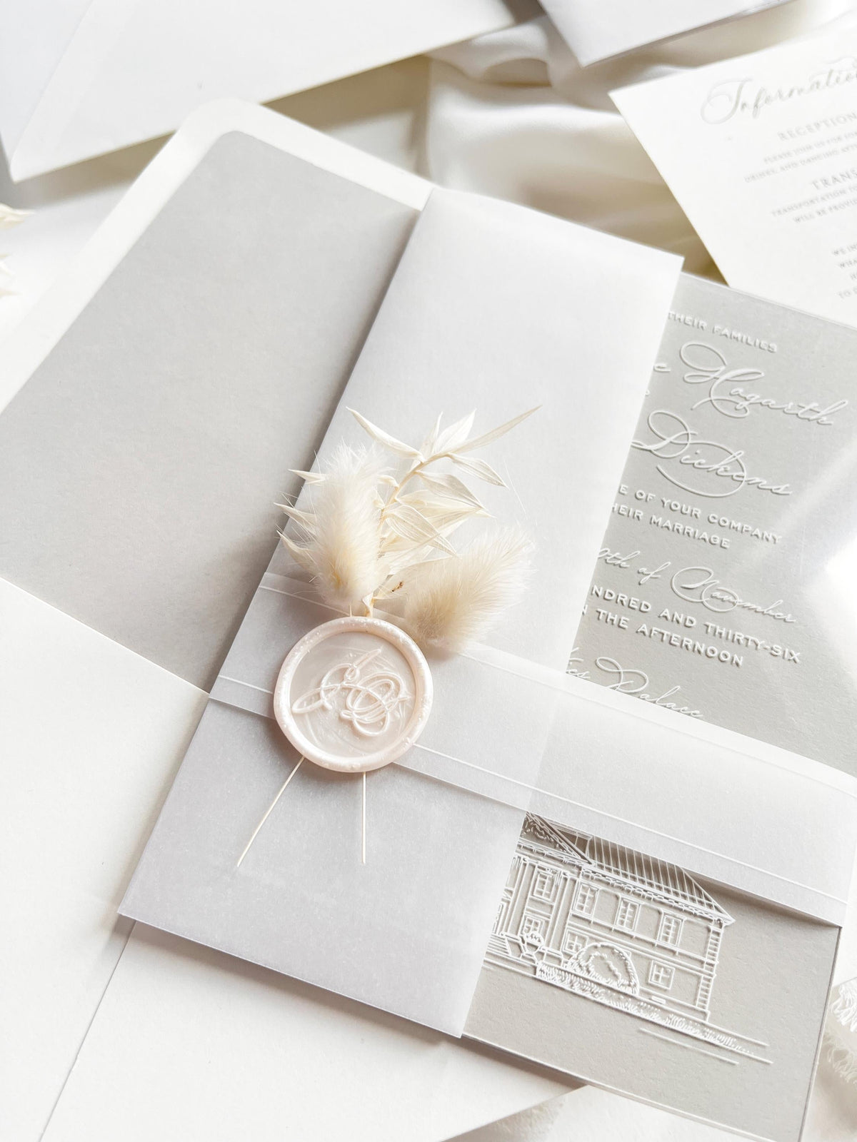Grey Acrylic Wedding Invitation Suite with Venue Sketch & Dried Flowers Wax Seal | Minimal Modern Clear Invite