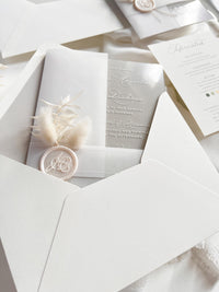 Grey Acrylic Wedding Invitation Suite with Venue Sketch & Dried Flowers Wax Seal | Minimal Modern Clear Invite