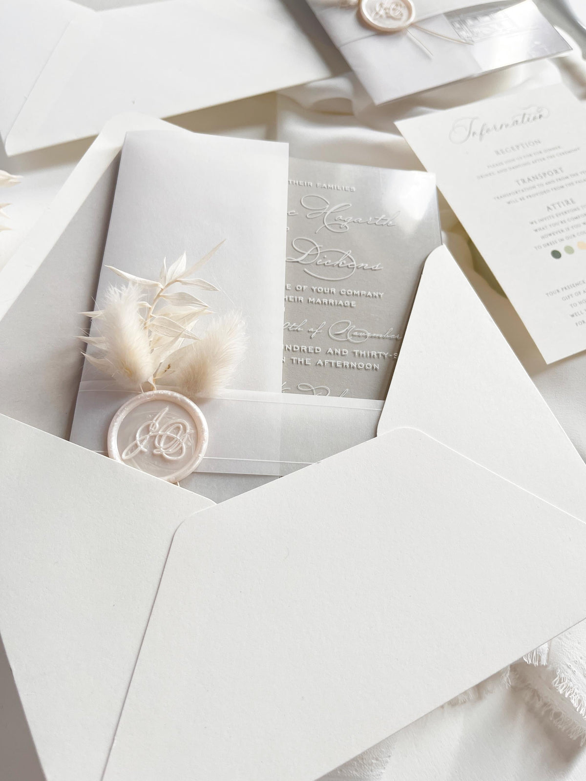 Grey Acrylic Wedding Invitation Suite with Venue Sketch & Dried Flowers Wax Seal | Minimal Modern Clear Invite