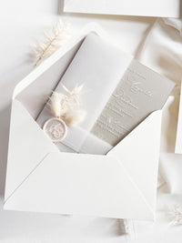 Grey Acrylic Wedding Invitation Suite with Venue Sketch & Dried Flowers Wax Seal | Minimal Modern Clear Invite