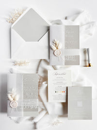 Grey Acrylic Wedding Invitation Suite with Venue Sketch & Dried Flowers Wax Seal | Minimal Modern Clear Invite