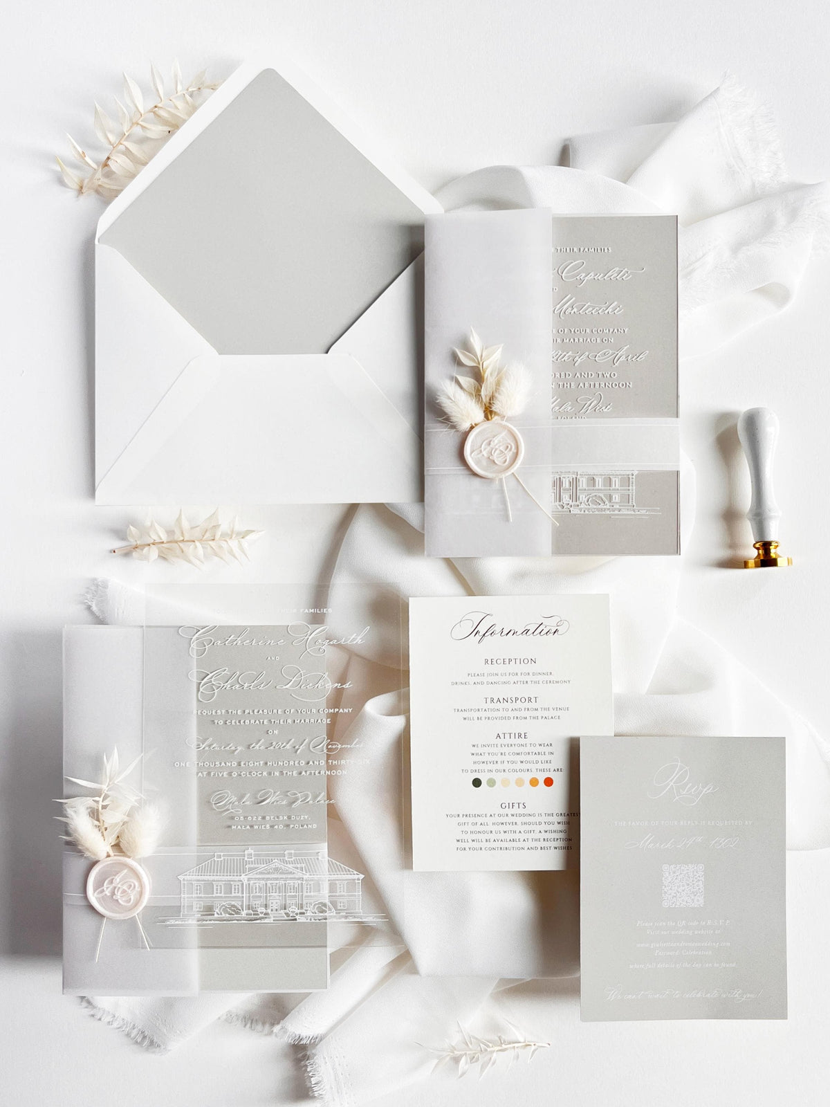 Grey Acrylic Wedding Invitation Suite with Venue Sketch & Dried Flowers Wax Seal | Minimal Modern Clear Invite