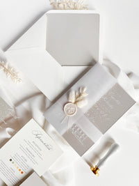 Grey Acrylic Wedding Invitation Suite with Venue Sketch & Dried Flowers Wax Seal | Minimal Modern Clear Invite