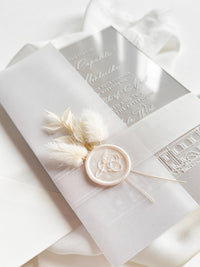 Grey Acrylic Wedding Invitation Suite with Venue Sketch & Dried Flowers Wax Seal | Minimal Modern Clear Invite