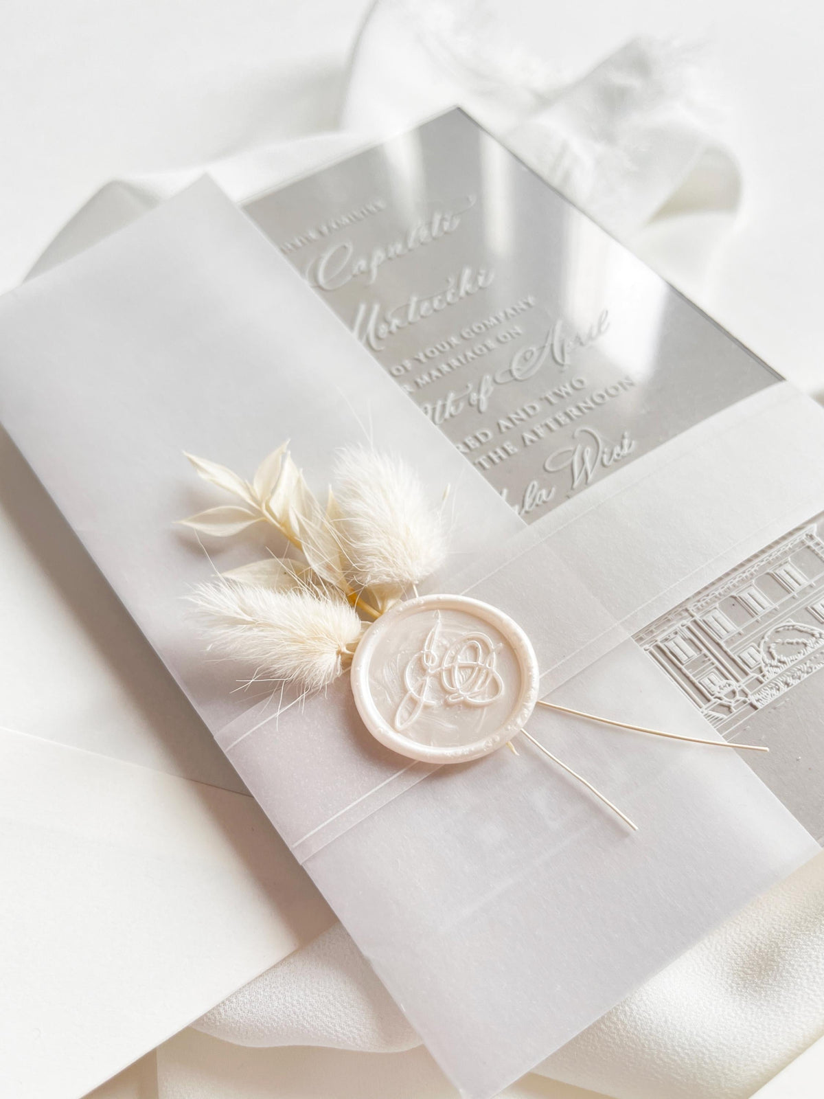 Grey Acrylic Wedding Invitation Suite with Venue Sketch & Dried Flowers Wax Seal | Minimal Modern Clear Invite