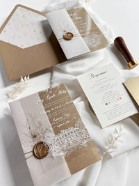 Fine Art Acrylic Wedding Invitation Suite | Old Gold Stationery with Venue Sketch & Floral Vellum, Wax Seal | Balcerowo Palace