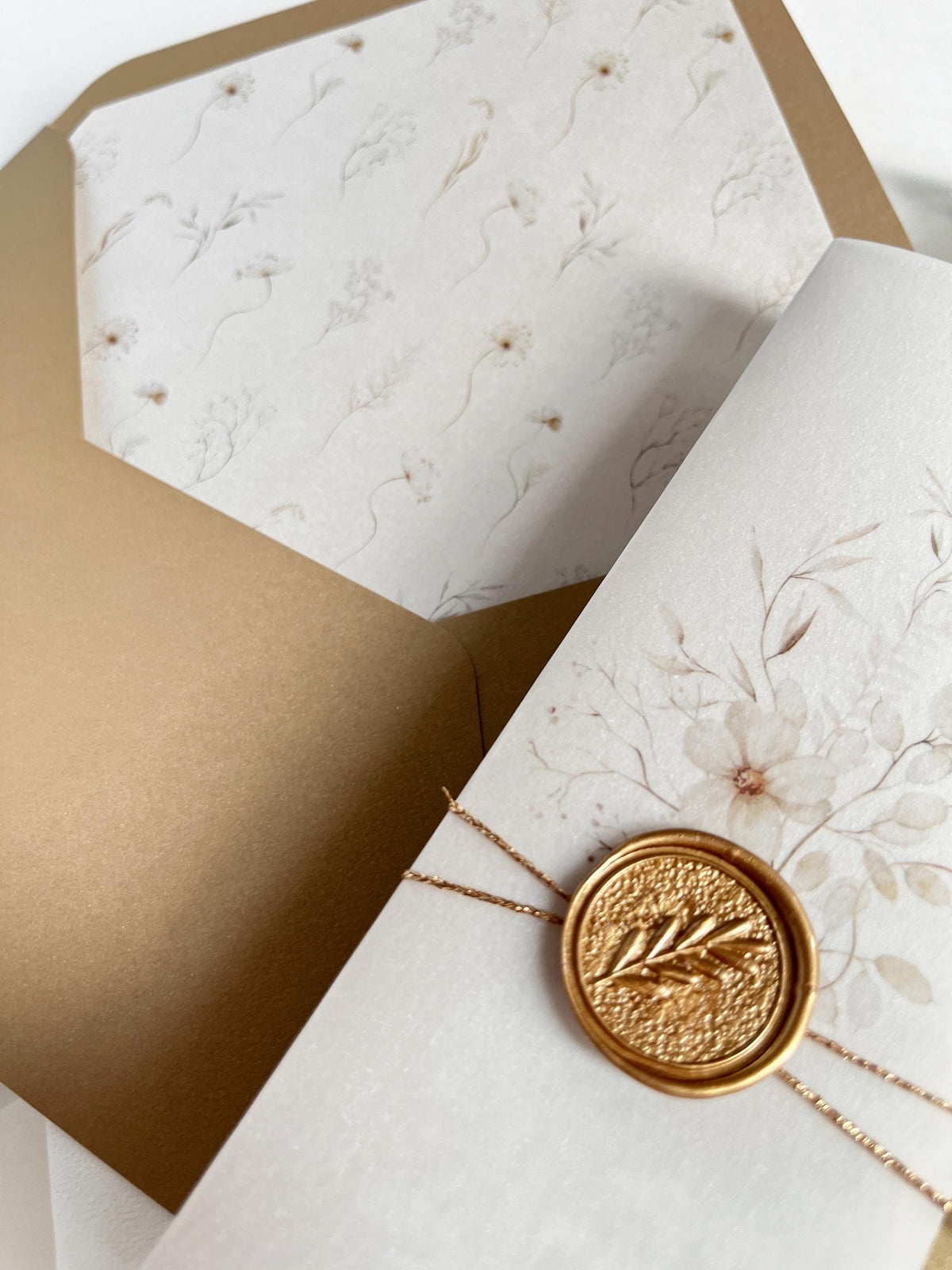 Fine Art Acrylic Wedding Invitation Suite | Old Gold Stationery with Venue Sketch & Floral Vellum, Wax Seal | Balcerowo Palace
