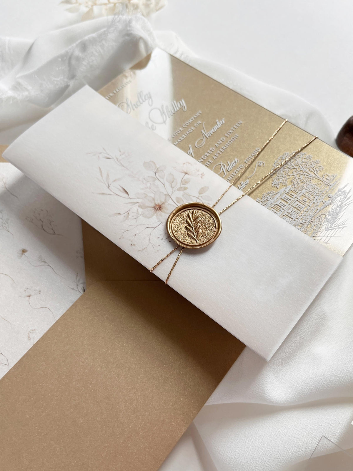 Fine Art Acrylic Wedding Invitation Suite | Old Gold Stationery with Venue Sketch & Floral Vellum, Wax Seal | Balcerowo Palace