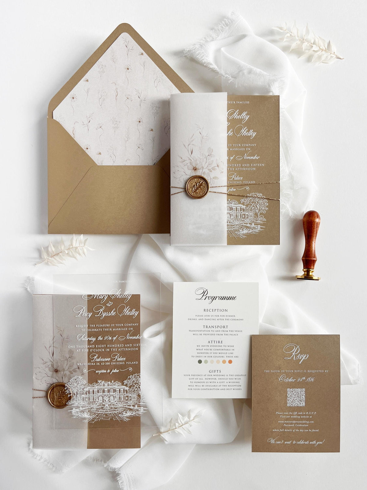 Fine Art Acrylic Wedding Invitation Suite | Old Gold Stationery with Venue Sketch & Floral Vellum, Wax Seal | Balcerowo Palace