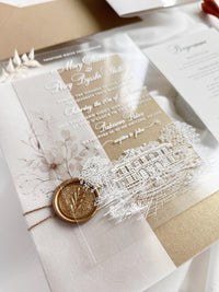 Fine Art Acrylic Wedding Invitation Suite | Old Gold Stationery with Venue Sketch & Floral Vellum, Wax Seal | Balcerowo Palace