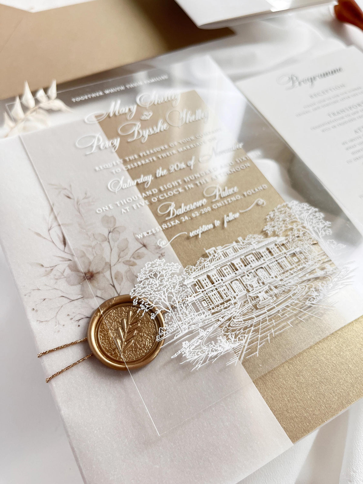 Fine Art Acrylic Wedding Invitation Suite | Old Gold Stationery with Venue Sketch & Floral Vellum, Wax Seal | Balcerowo Palace