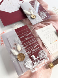 Burgundy Acrylic Wedding Invitation Suite with Venue Sketch, Vellum Wrap, Wax Seal & Real Dried Botanicals | Joannitów Castle
