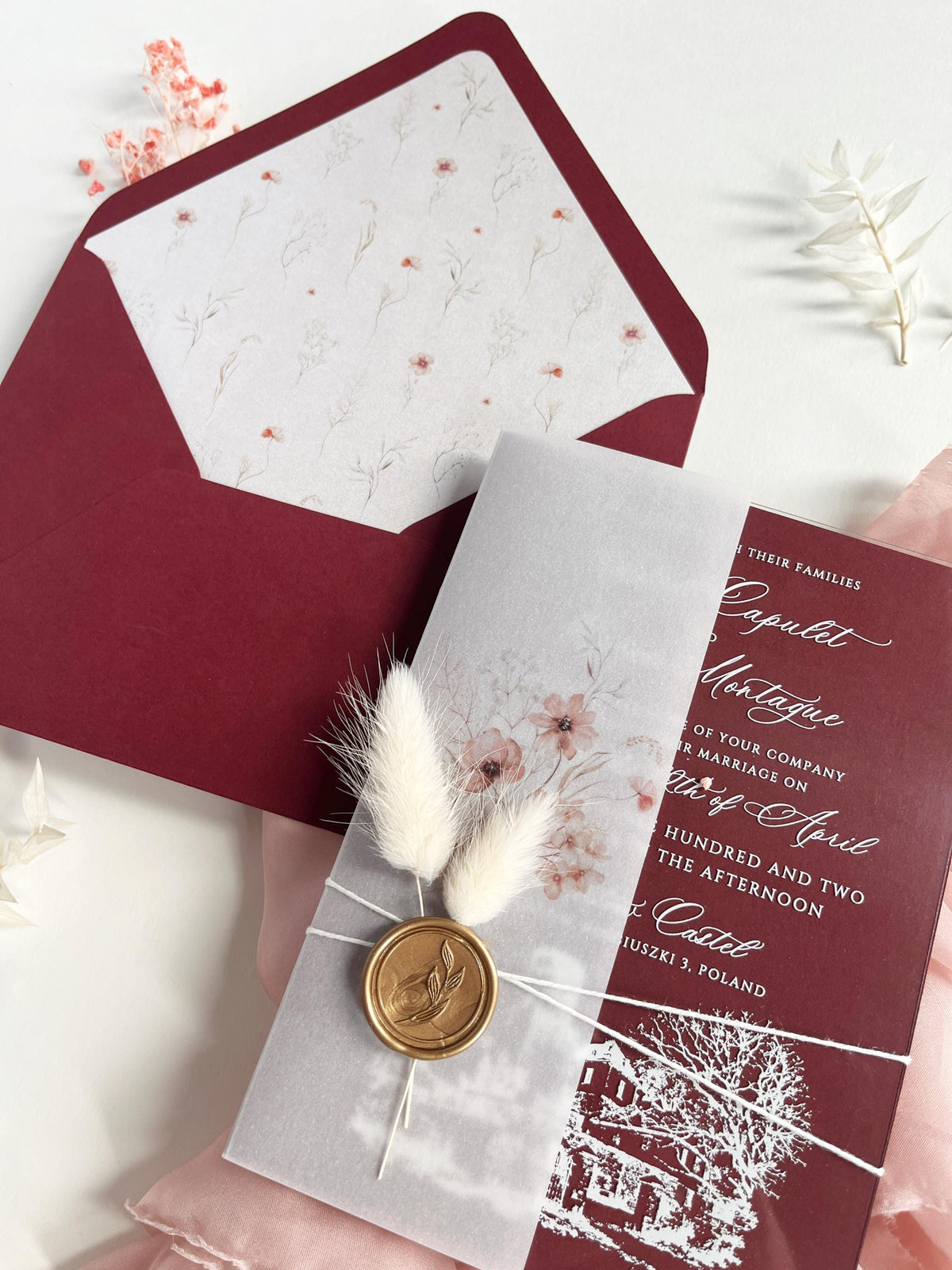 Burgundy Acrylic Wedding Invitation Suite with Venue Sketch, Vellum Wrap, Wax Seal & Real Dried Botanicals | Joannitów Castle