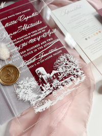 Burgundy Acrylic Wedding Invitation Suite with Venue Sketch, Vellum Wrap, Wax Seal & Real Dried Botanicals | Joannitów Castle