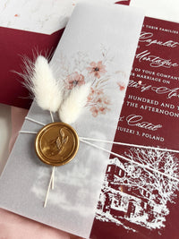 Burgundy Acrylic Wedding Invitation Suite with Venue Sketch, Vellum Wrap, Wax Seal & Real Dried Botanicals | Joannitów Castle