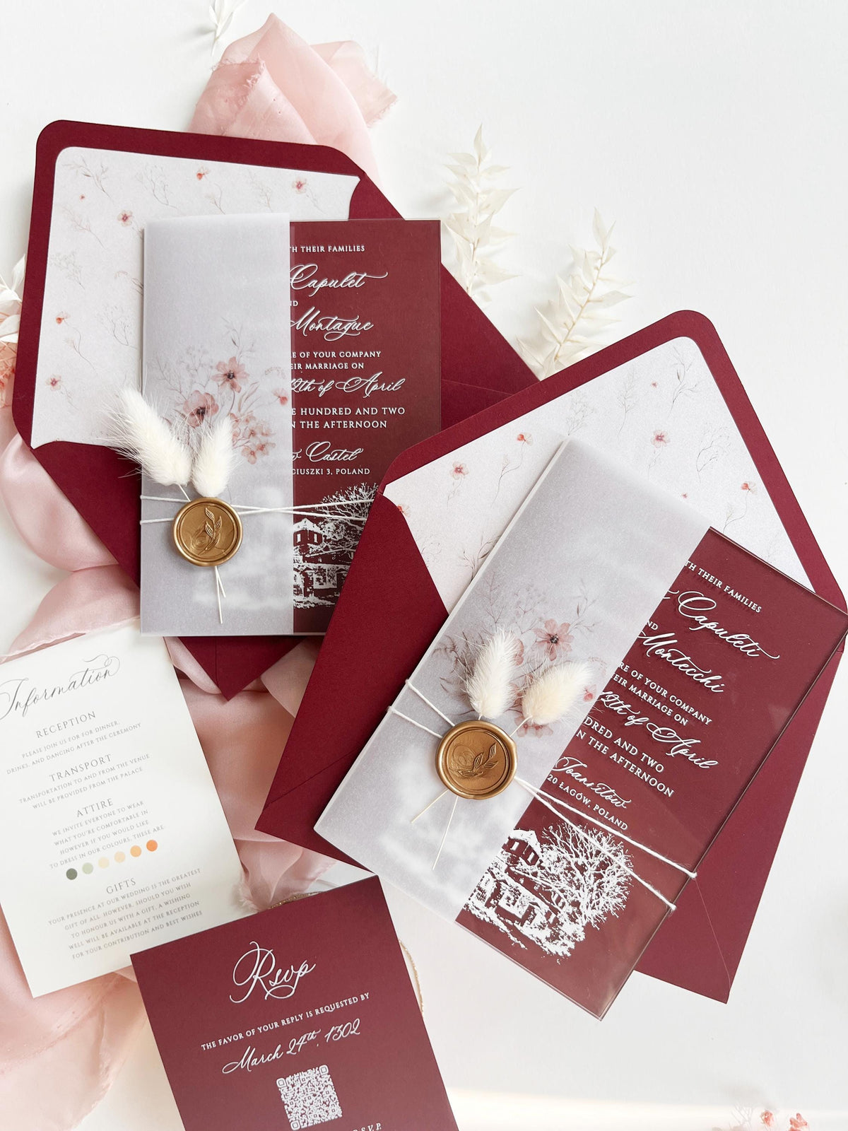 Burgundy Acrylic Wedding Invitation Suite with Venue Sketch, Vellum Wrap, Wax Seal & Real Dried Botanicals | Joannitów Castle