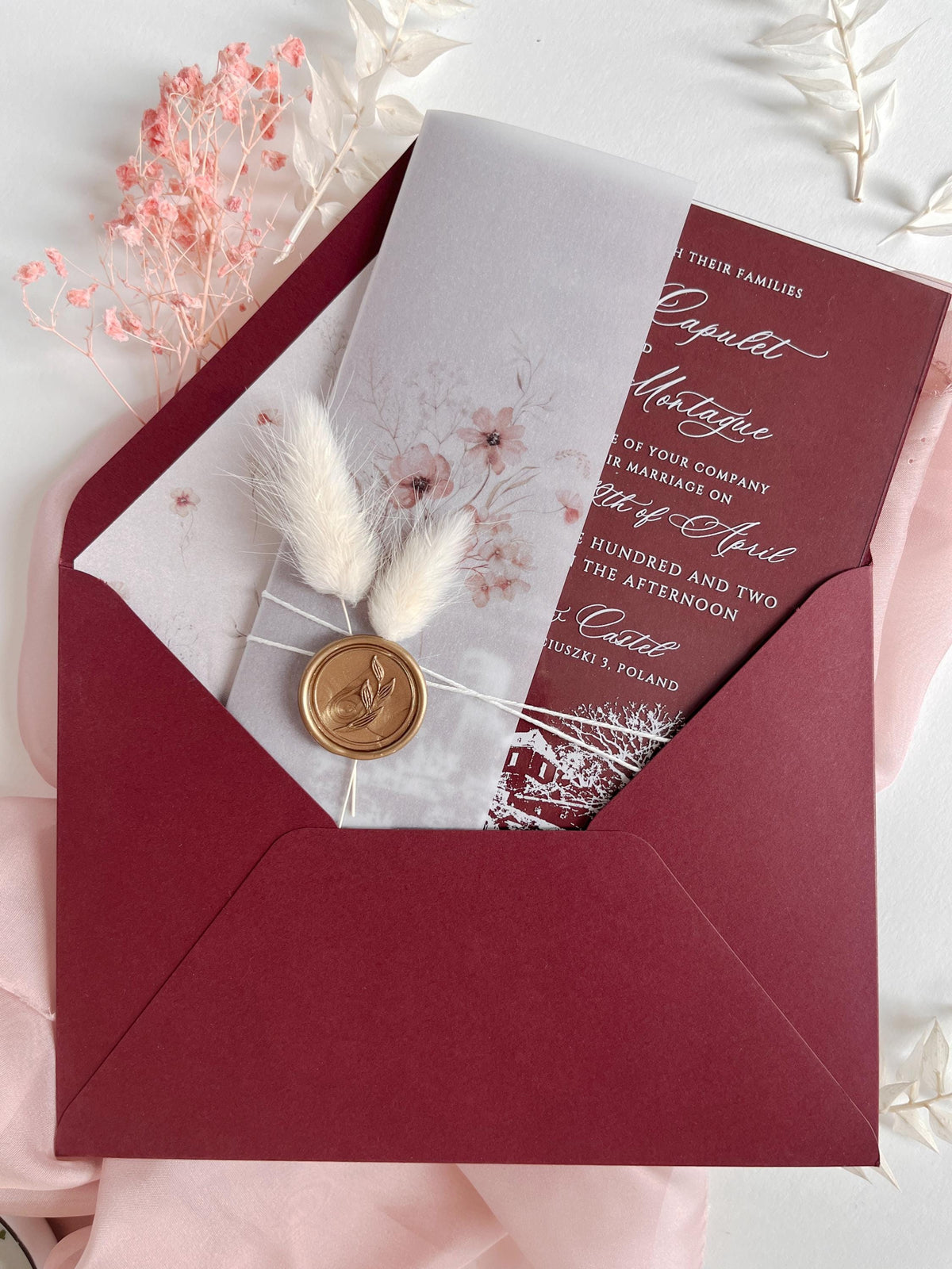 Burgundy Acrylic Wedding Invitation Suite with Venue Sketch, Vellum Wrap, Wax Seal & Real Dried Botanicals | Joannitów Castle