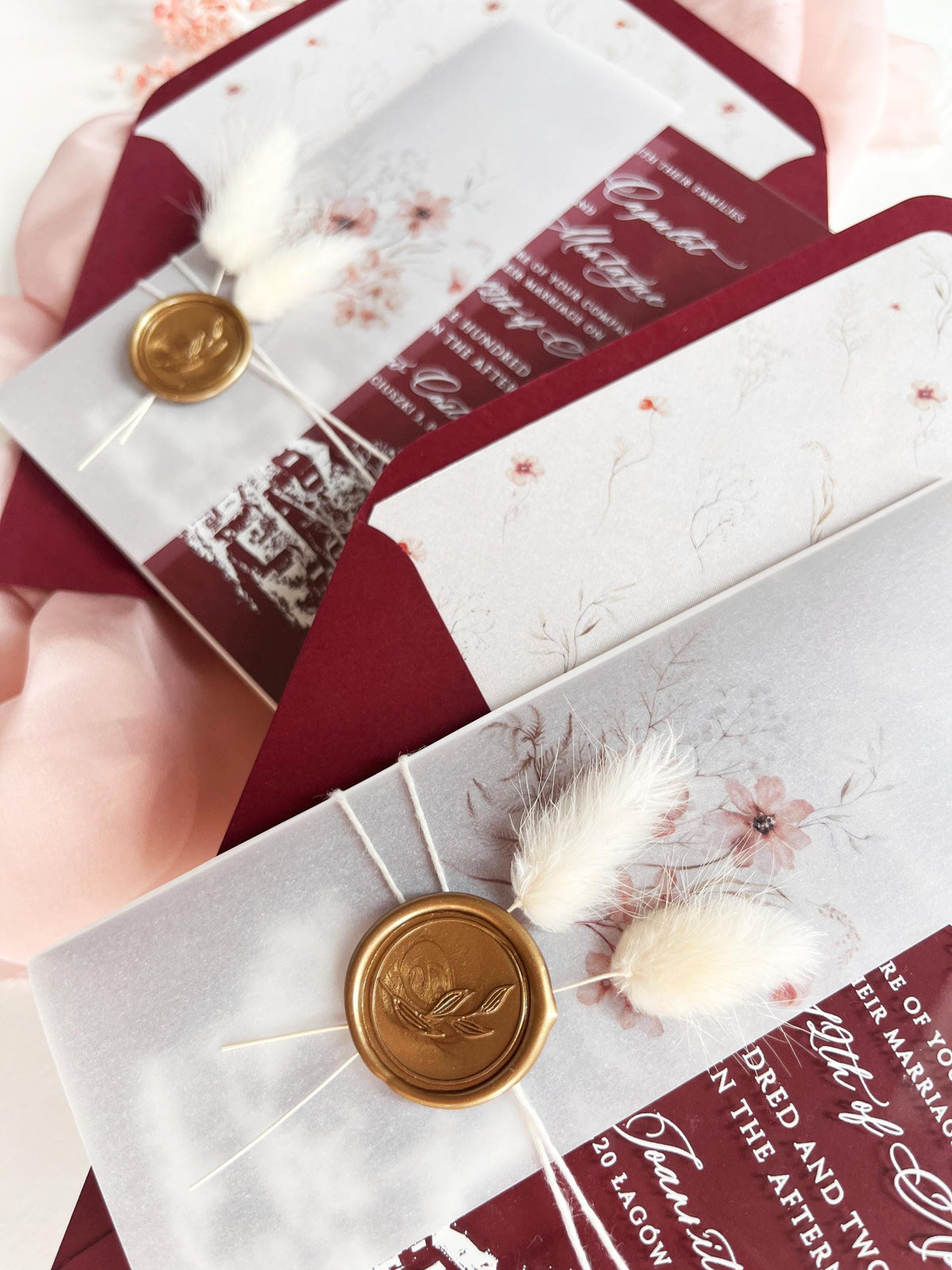 Burgundy Acrylic Wedding Invitation Suite with Venue Sketch, Vellum Wrap, Wax Seal & Real Dried Botanicals | Joannitów Castle
