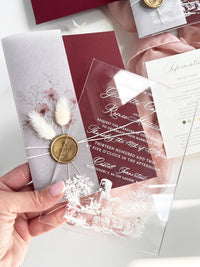 Burgundy Acrylic Wedding Invitation Suite with Venue Sketch, Vellum Wrap, Wax Seal & Real Dried Botanicals | Joannitów Castle
