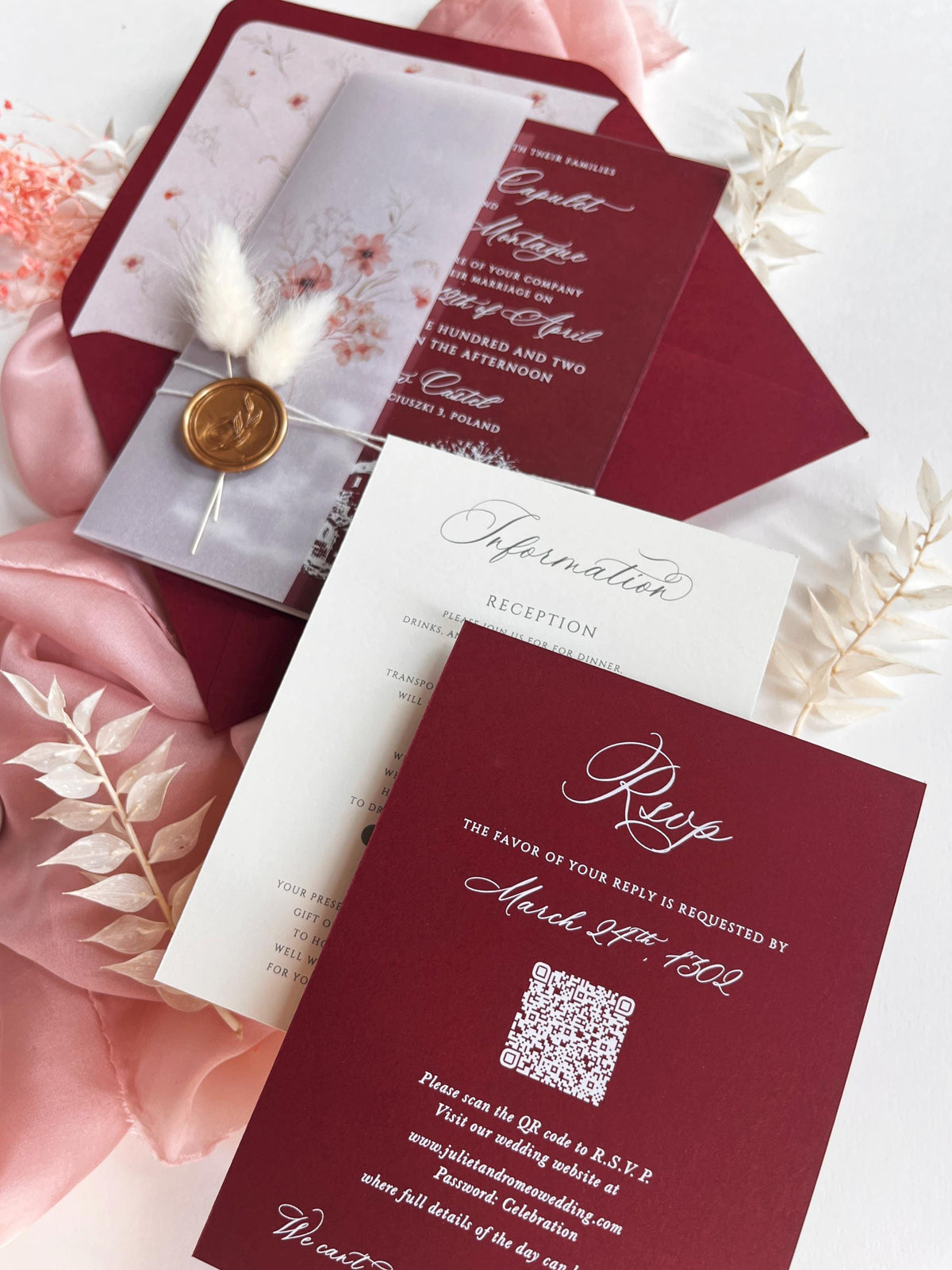 Burgundy Acrylic Wedding Invitation Suite with Venue Sketch, Vellum Wrap, Wax Seal & Real Dried Botanicals | Joannitów Castle