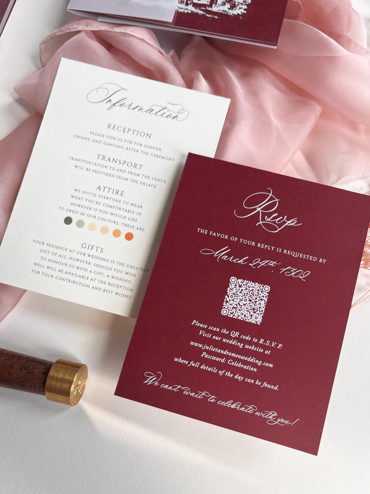 Burgundy Acrylic Wedding Invitation Suite with Venue Sketch, Vellum Wrap, Wax Seal & Real Dried Botanicals | Joannitów Castle