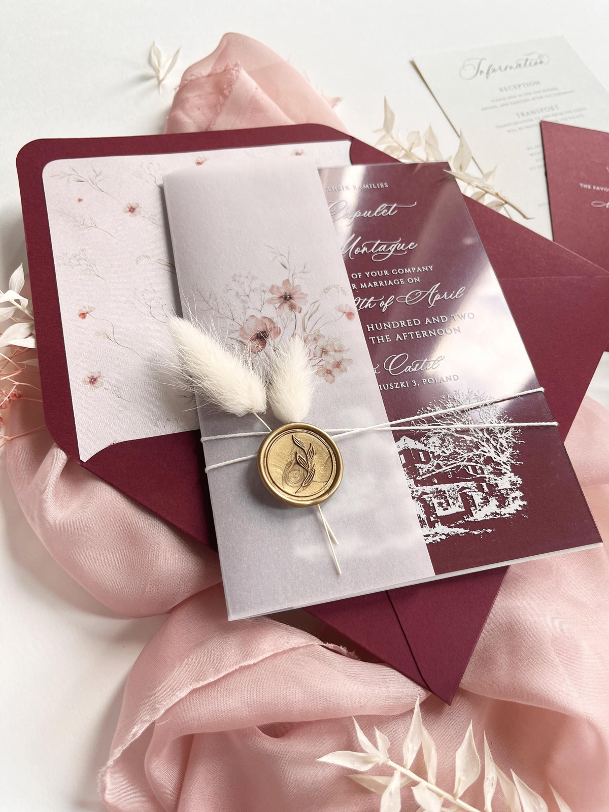 Burgundy Acrylic Wedding Invitation Suite with Venue Sketch, Vellum Wrap, Wax Seal & Real Dried Botanicals | Joannitów Castle