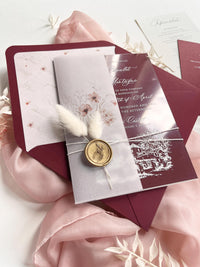 Burgundy Acrylic Wedding Invitation Suite with Venue Sketch, Vellum Wrap, Wax Seal & Real Dried Botanicals | Joannitów Castle