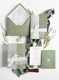 Clear Acrylic Wedding Invitation Suite, Sage Green Wedding Invite with Vellum Wrap & Wax Seal | Venue Joannitów Castle