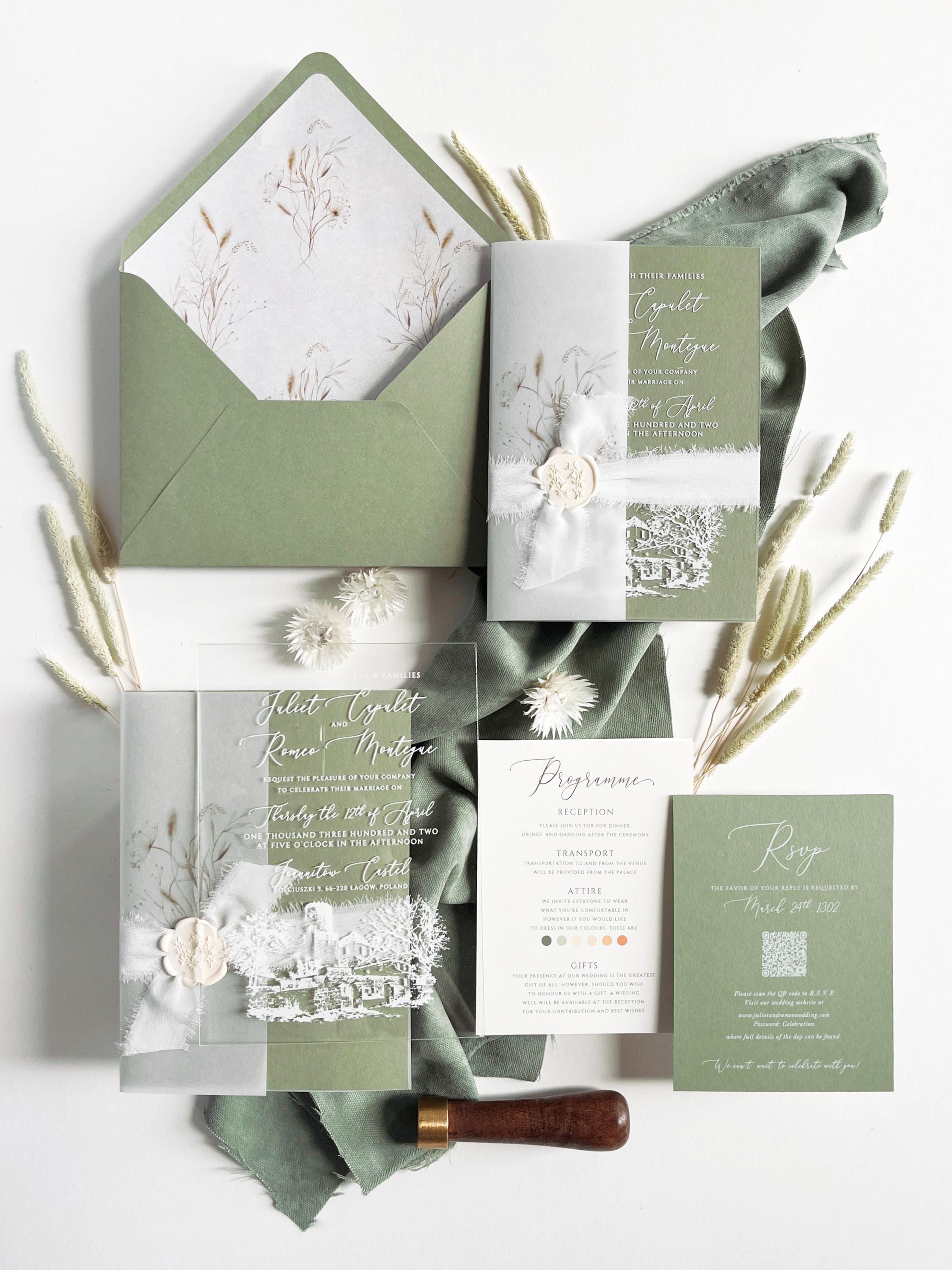 Clear Acrylic Wedding Invitation Suite, Sage Green Wedding Invite with Vellum Wrap & Wax Seal | Venue Joannitów Castle