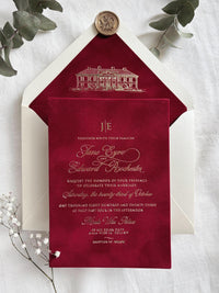 Burgundy Velvet Wedding Invitations, Gold Foil Invite, Luxury Hardcover Wedding Invitation, Rose Embossed 5x7 Suite