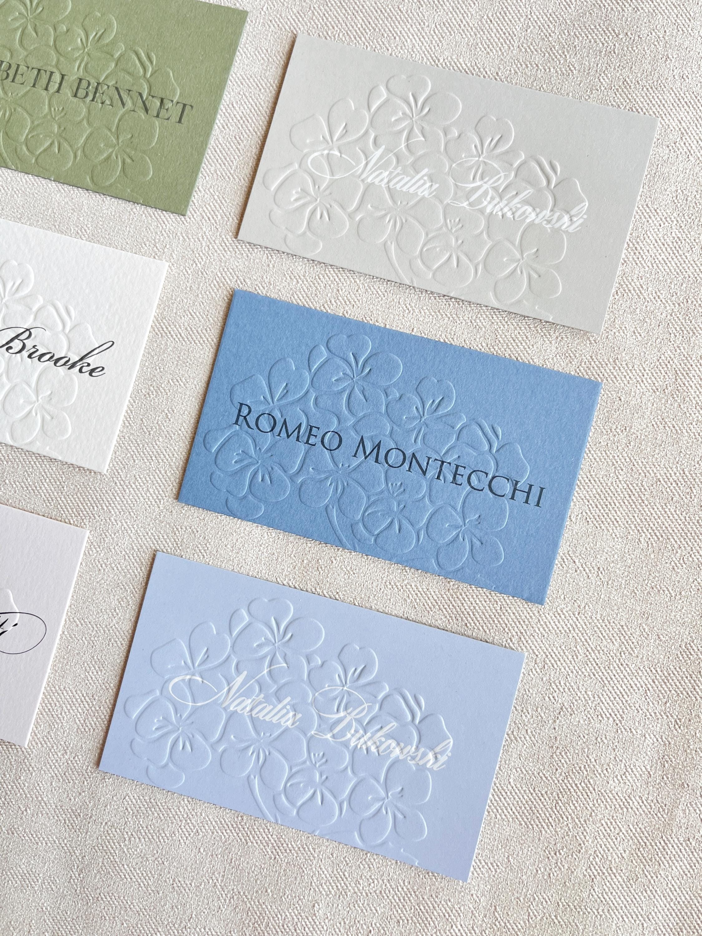 Embossed Hydrangea Wedding Place Cards - Personalised Name Card, Escort Card