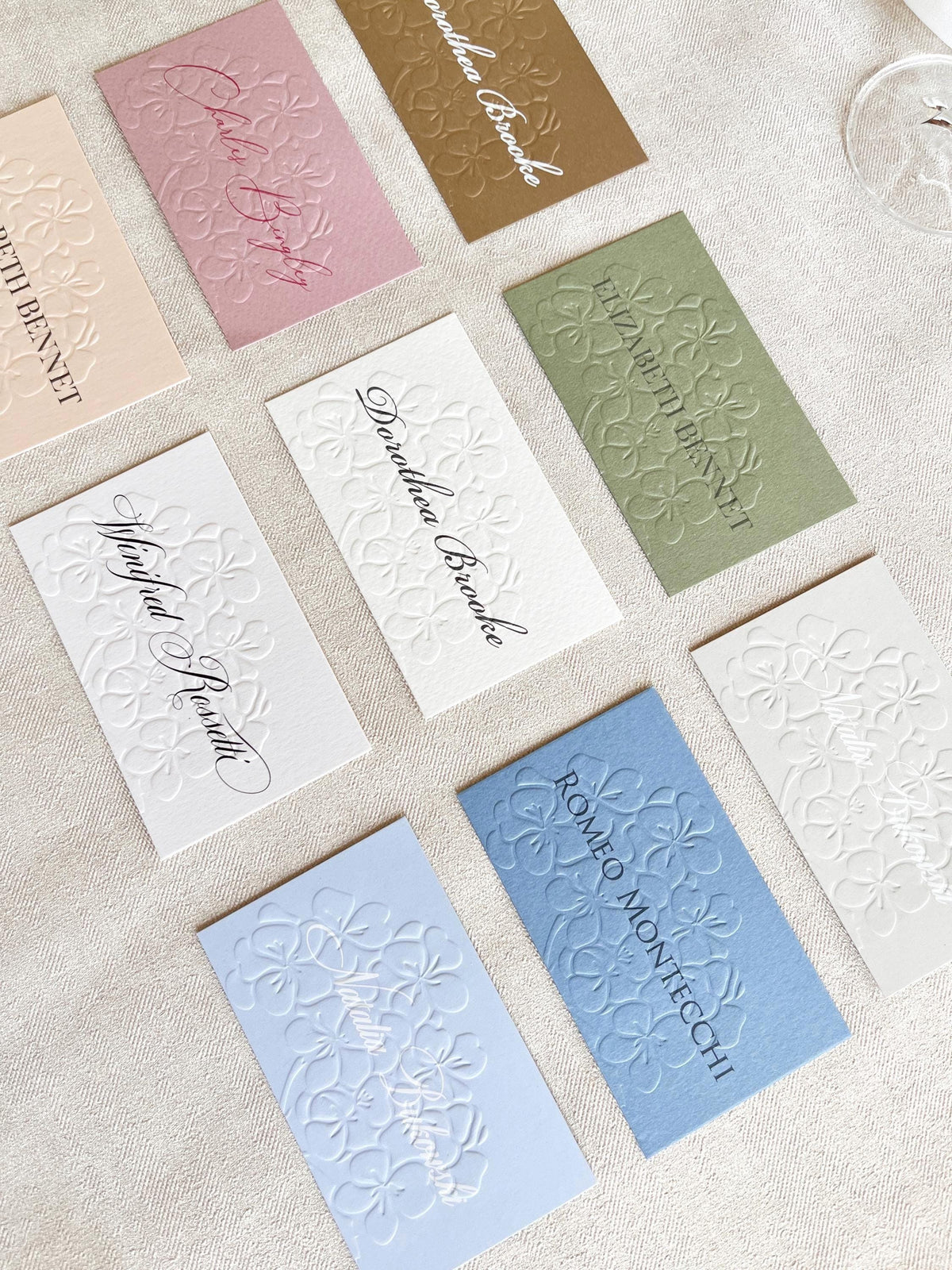 Embossed Hydrangea Wedding Place Cards - Personalised Name Card, Escort Card
