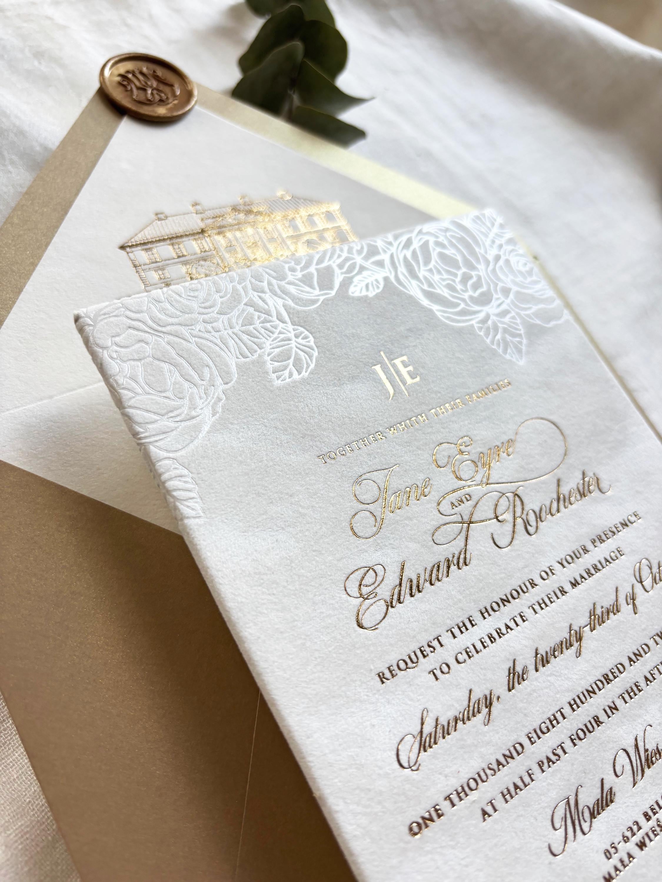 Luxury Velvet Wedding Invitations with Pearl Foil Rose Detail & Gold Foil Hot Stamping Text - Custom Venue Sketch Liner