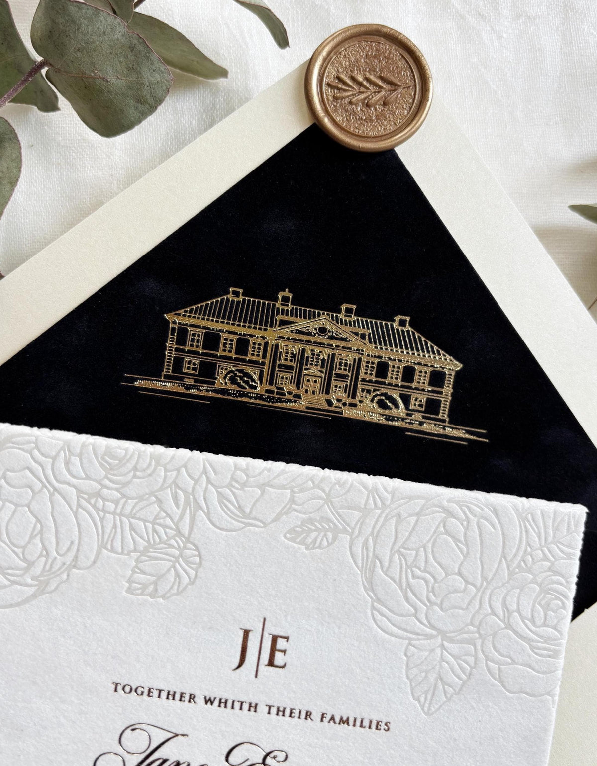 Luxury Velvet Wedding Invitations with Pearl Foil Rose Detail & Gold Foil Hot Stamping Text - Custom Venue Sketch Liner