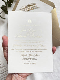 Ivory Velvet Wedding Invitations - Gold Foil Hot Stamping Text - Custom Venue Sketch Liner