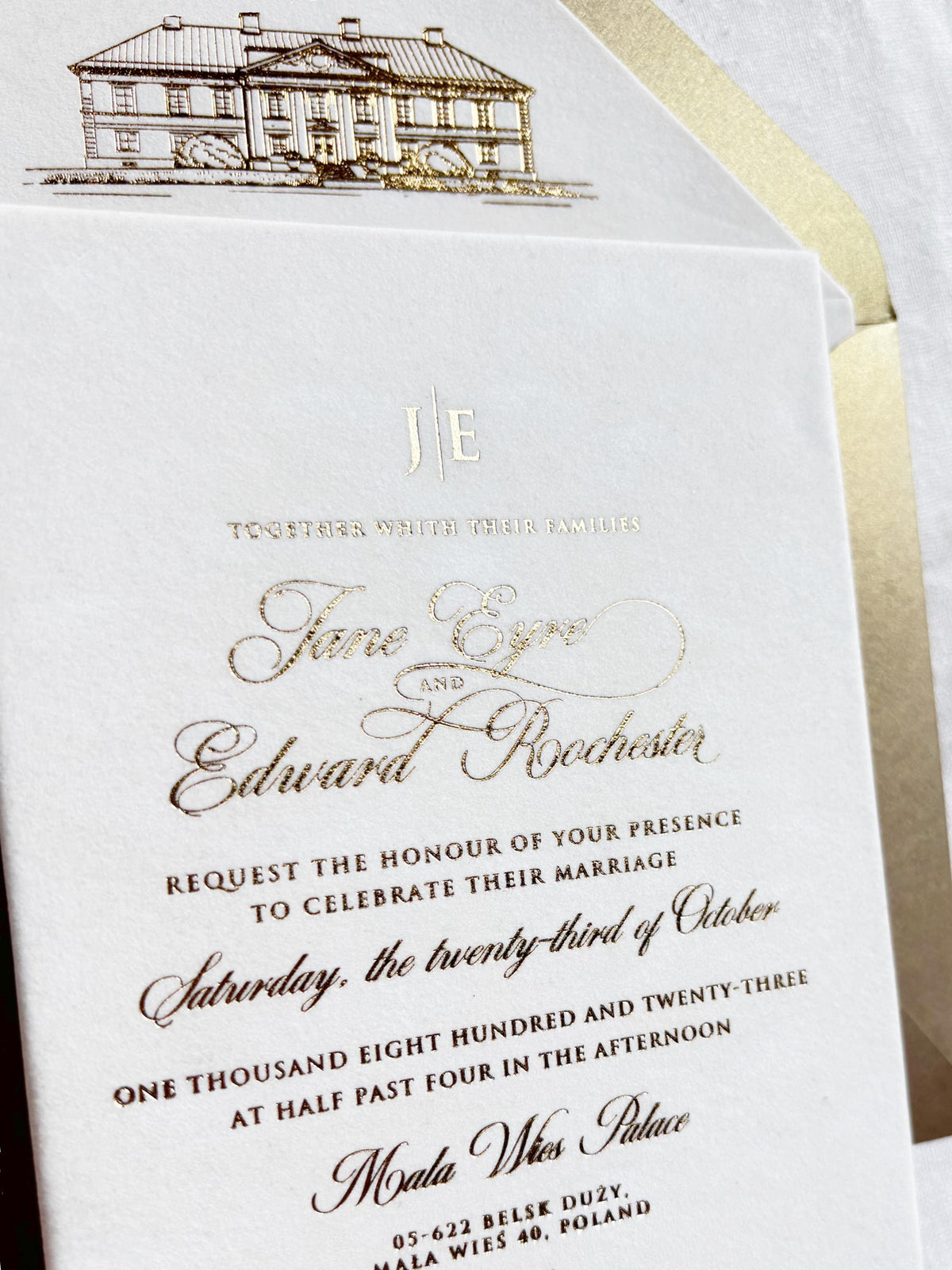 Ivory Velvet Wedding Invitations - Gold Foil Hot Stamping Text - Custom Venue Sketch Liner