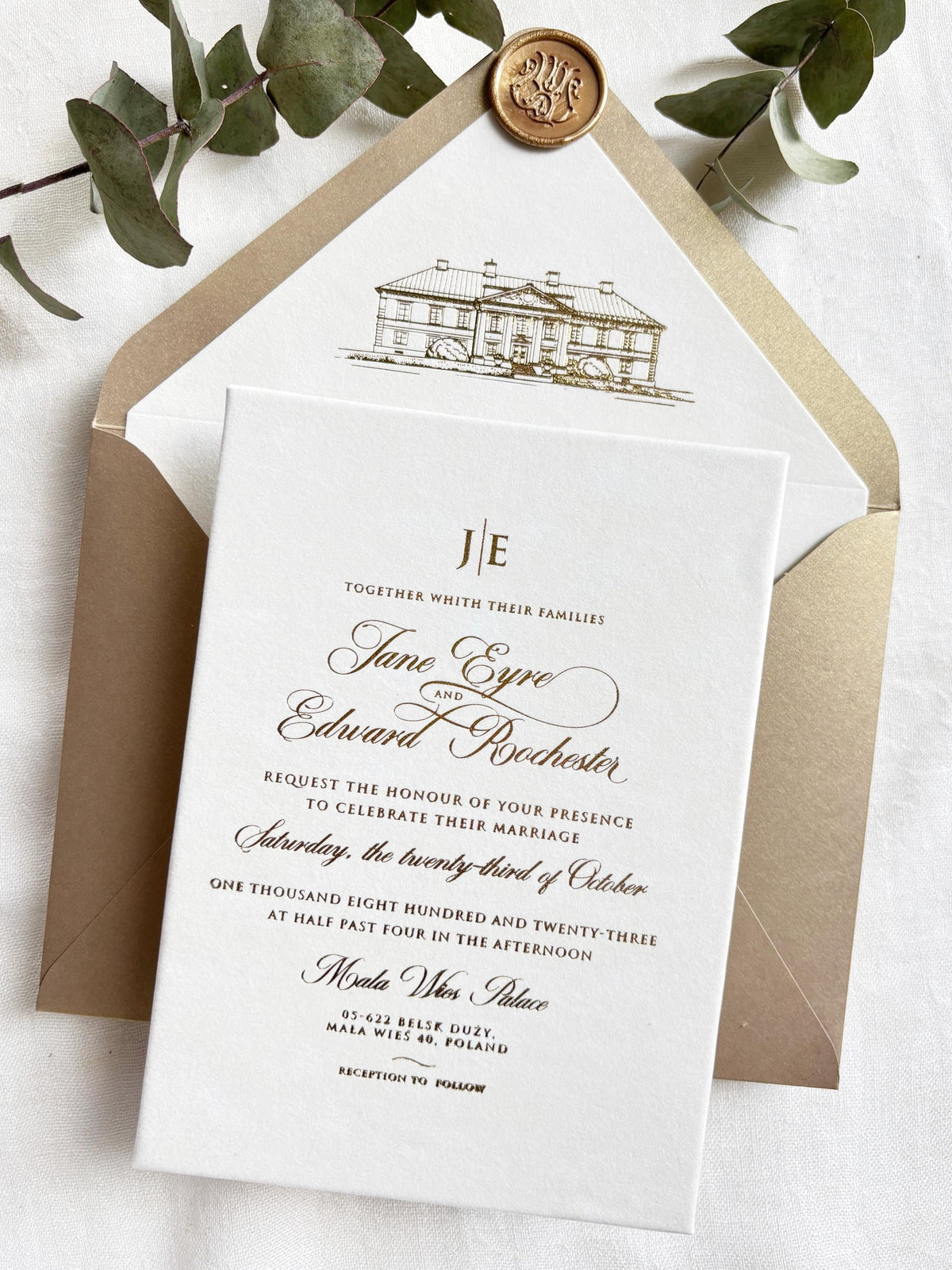 Ivory Velvet Wedding Invitations - Gold Foil Hot Stamping Text - Custom Venue Sketch Liner